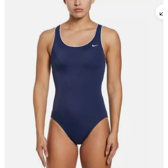 Nike Womens Racerback Swimsuit One-Piece Navy Blue With White Trim - Picture 1 of 10